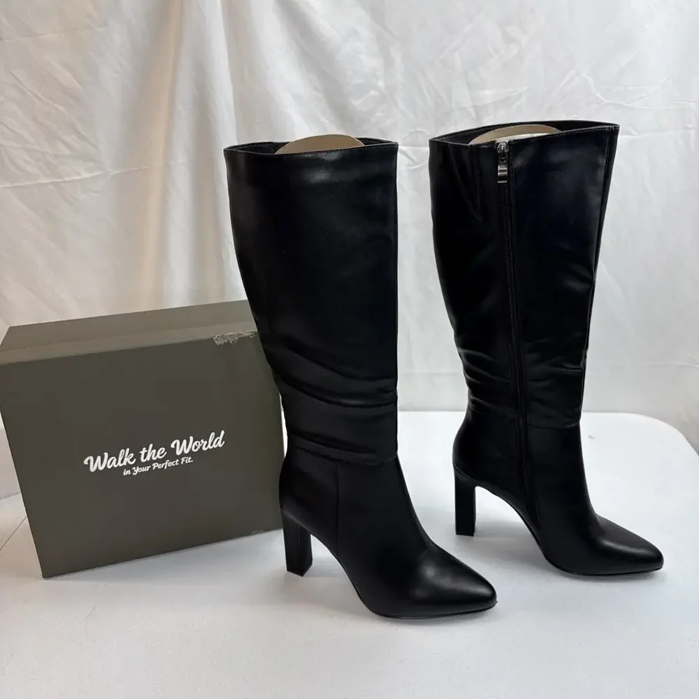 Walk The World Comfort Concept Black Leather Knee High Slouch Boots Size 7.5